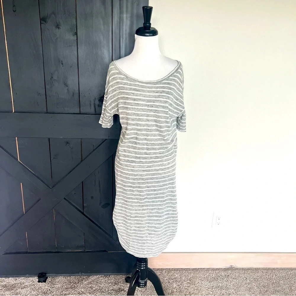 Emerson Fry Grey Striped Ruched Side Linen Dress Casual Women’s Boho Small